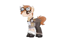 Size: 748x500 | Tagged: safe, artist:major-floof, derpibooru import, oc, oc:steamwork clog, unofficial characters only, earth pony, pony, rabbit, animal, boots, clothes, coat, ear piercing, earring, freckles, goggles, jewelry, male, necklace, pants, piercing, shirt, shoes, simple background, socks, solo, stallion, stopwatch, transparent background, vest