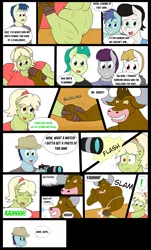 Size: 3200x5304 | Tagged: safe, artist:matchstickman, derpibooru import, granny smith, oc, unnamed oc, anthro, earth pony, minotaur, unicorn, comic:free cider, anthro oc, arm wrestling, biceps, breasts, busty granny smith, camera, camera flashes, clothes, comic, deltoids, dialogue, distracted, female, flexing, granny smash, male, mare, muscles, shirt, simple background, stallion, sweat, sweatdrop, table, white background