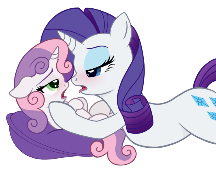 Size: 1327x1066 | Tagged: questionable, artist:deserter, artist:lockerobster, color edit, derpibooru import, edit, editor:deserter, rarity, sweetie belle, pony, age difference, bedroom eyes, belle sisters, blushing, colored, drool, drool string, eye contact, female, filly, foalcon, incest, kissing, lesbian, looking at each other, mare, mare on filly, raribelle, raricest, shipping, siblings, simple background, sisters, transparent background