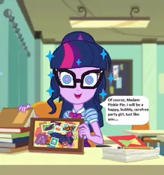 Size: 512x548 | Tagged: safe, derpibooru import, edit, edited screencap, editor:thomasfan45, screencap, sci-twi, twilight sparkle, equestria girls, equestria girls series, the last day of school, 1000 hours in ms paint, canterlot high, chair, circling stars, classroom, clothes, cropped, cute, desk, dizzy, female, geode of telekinesis, hypnosis, hypnotized, implied pinkie pie, looking forward, madame pinkie, magic, magical geodes, mental shift, offscreen character, personality change, ponytail, request, smiling, solo, speech bubble, spell, stars, story included, swirly eyes, twiabetes
