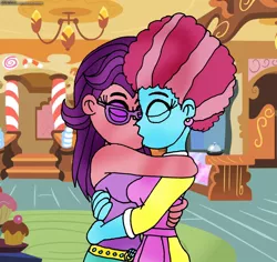 Size: 920x868 | Tagged: safe, artist:rdj1995, derpibooru import, cup cake, spoiled rich, equestria girls, eyes closed, eyeshadow, female, hug, infidelity, kissing, lesbian, makeup, shipping, spoiledcake, sugarcube corner