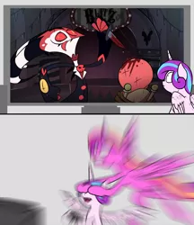 Size: 1000x1159 | Tagged: semi-grimdark, artist:slamjam, artist:supra80, derpibooru import, edit, princess cadance, princess flurry heart, demon, imp, pony, blitzo, blood, bowser censor, covering eyes, derp, exploitable meme, helluva boss, meme, stabbing