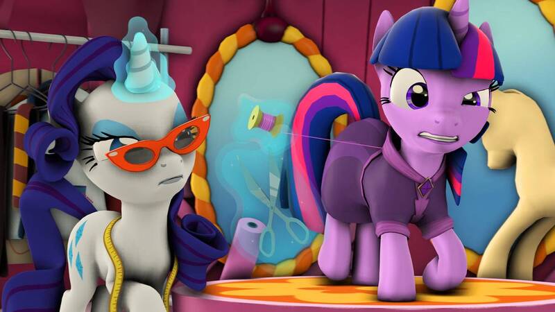 Size: 1192x670 | Tagged: safe, artist:bastbrushie, artist:vbastv, derpibooru import, rarity, twilight sparkle, pony, 3d, alternate costumes, clothes, dressup, glasses, measuring tape, mirror, rarity's glasses, scissors, source filmmaker