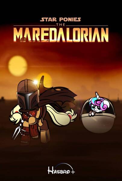 Size: 735x1088 | Tagged: safe, artist:dan232323, derpibooru import, applejack, princess flurry heart, alicorn, earth pony, pony, armor, baby, baby pony, baby yoda, basket, crossover, desert, disney, disney+, hasbro, mandalorian, movie parody, movie reference, star wars, sunrise, tatooine, the mandalorian, two suns