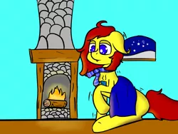 Size: 1600x1200 | Tagged: artist:gamer-shy, blanket, blue eyes, cold, derpibooru import, fire, fireplace, floppy ears, food, hooked ears, light blue backaground, messy mane, oc, oc:gamershy yellowstar, red mane, safe, shivering, snow, snowfall, solo, tea, unofficial characters only, window, winter, yellow fur