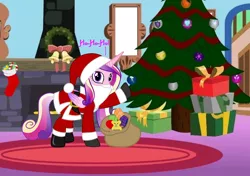 Size: 1024x721 | Tagged: artist needed, safe, derpibooru import, princess cadance, alicorn, pony, bag, boots, chimney, christmas, christmas tree, clothes, costume, fake beard, female, fireplace, hat, ho ho ho, holiday, horn, looking at you, mare, present, raised hoof, sack, santa beard, santa claus, santa costume, santa hat, santa hooves, santa sack, shoes, solo, tree, wreath
