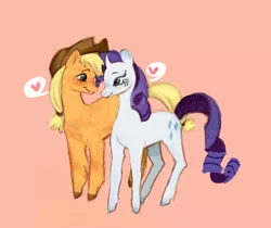 Size: 1042x876 | Tagged: safe, artist:chupapops, derpibooru import, applejack, rarity, earth pony, pony, unicorn, blushing, eye contact, female, freckles, green background, heart, lesbian, looking at each other, mare, rarijack, shipping, simple background