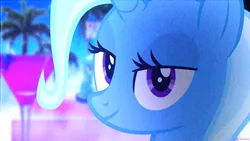 Size: 1920x1080 | Tagged: safe, artist:bastbrushie, derpibooru import, trixie, pony, unicorn, bust, chromatic aberration, female, irl, lidded eyes, looking at you, mare, photo, ponies in real life, portrait, solo, vaporwave, video