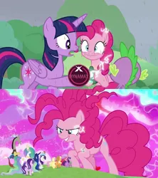 Size: 640x720 | Tagged: safe, derpibooru import, edit, edited screencap, screencap, applejack, discord, fluttershy, pinkie pie, princess celestia, princess luna, rainbow dash, rarity, spike, starlight glimmer, twilight sparkle, twilight sparkle (alicorn), alicorn, dragon, pony, the ending of the end, bell, bewitching bell, chaos pinkie, dynamax, giant pony, macro, mane seven, mane six, pokemon sword and shield, pokémon, run for your lives, winged spike, xk-class end-of-the-universe scenario, xk-class end-of-the-world scenario