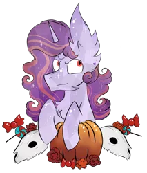 Size: 798x936 | Tagged: safe, artist:hunterthewastelander, derpibooru import, oc, oc:affinity heart, unofficial characters only, crystal pony, pony, unicorn, candy, chest fluff, commission, ear fluff, female, flower, food, horn, impossibly large ears, mare, pumpkin, simple background, skull, solo, transparent background, unicorn oc, ych result