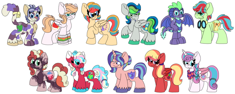 Size: 3117x1248 | Tagged: safe, artist:shelbi-cat, derpibooru import, princess flurry heart, oc, oc:aurora rays, oc:callie le gata, oc:cranberry lemonade, oc:gala shield, oc:green apple, oc:indigo, oc:orchard blossom, oc:sodalite jazz, oc:storm shower, oc:sucker punch, alicorn, cat, cat pony, dragon, earth pony, hybrid, original species, pegasus, pony, unicorn, dragon oc, female, goggles, interspecies offspring, magical gay spawn, mare, next generation, offspring, parent:applejack, parent:big macintosh, parent:bulk biceps, parent:capper, parent:flash sentry, parent:fluttershy, parent:princess cadance, parent:princess ember, parent:rarity, parent:shining armor, parent:soarin', parent:spike, parent:sunset shimmer, parents:cadmac, parents:capperity, parents:emberspike, parents:flashimmer, parents:flutterbulk, parents:shiningmac, parents:soarinjack, parents:tempestpie, raised hoof, simple background, smiling, transparent background, unshorn fetlocks