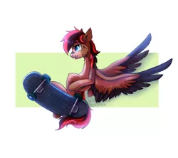 Size: 3600x3200 | Tagged: safe, artist:ghst-qn, derpibooru import, oc, unofficial characters only, pegasus, pony, abstract background, bipedal, midair, misleading thumbnail, profile, skateboard, solo, spread wings, wings