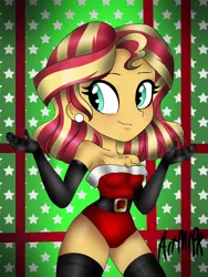 Size: 1536x2048 | Tagged: safe, artist:artmlpk, derpibooru import, sunset shimmer, equestria girls, alternate hairstyle, bare shoulders, belt, blushing, boots, breasts, christmas, christmas outfit, cleavage, clothes, cute, ear piercing, earring, evening gloves, female, gloves, hips, holiday, jewelry, leotard, long gloves, looking at you, looking back, piercing, shimmerbetes, shoes, short hair, smiling, smirk, socks, solo, thigh boots, thigh highs, thighs