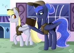 Size: 5863x4200 | Tagged: safe, artist:kids-in-the-corner, artist:those kids in the corner, derpibooru import, derpy hooves, princess luna, alicorn, pegasus, pony, alternate hairstyle, annoyed, box, bun, canterlot, clothes, duo, duo female, female, hair bun, happy, hat, kite, mailmare, profile, that pony sure does love the post office, uniform, walking