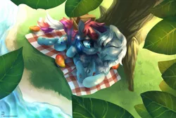 Size: 1095x730 | Tagged: safe, artist:jedayskayvoker, derpibooru import, oc, oc:crystal tundra, oc:surreal nightmares, bat pony, changeling, hybrid, unicorn, basket, batling, chest fluff, curly tail, cute, female, fluffy, food, grass, leaves, licking, male, mango, mare, outdoors, picnic, picnic basket, picnic blanket, prone, river, snuggling, stallion, stream, tongue out, tree, under the tree, water