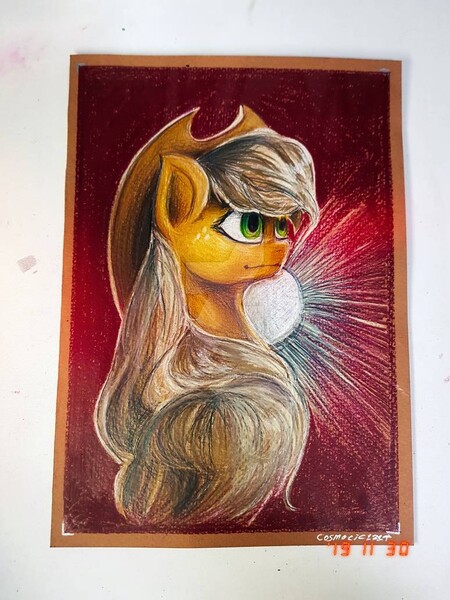 Size: 774x1032 | Tagged: safe, artist:cosmotic1214, derpibooru import, applejack, pony, colored, colored pencil drawing, head, lexus, solo, traditional art