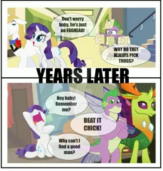 Size: 1645x1731 | Tagged: safe, artist:squipycheetah, derpibooru import, edit, edited screencap, screencap, prince blueblood, rarity, spike, thorax, changedling, changeling, dragon dropped, 1000 years in photoshop, abuse, beat it chick, female, gay, gigachad spike, hallway, impact font, king thorax, male, meme, needs more jpeg, nice guy, older, older spike, parody, rariblood, rejection, school, shipping, shitposting, spikeabuse, straight, thoraxspike
