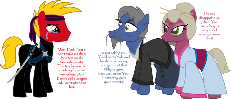 Size: 4438x1909 | Tagged: safe, artist:shadymeadow, derpibooru import, oc, oc:jikan, oc:masato kunai, oc:sakura haru, unofficial characters only, earth pony, pony, clothes, crying, drama, female, katana, kimono (clothing), male, mare, ninja, sad, simple background, stallion, sword, this will end in tears, transparent background, weapon, why