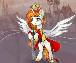 Size: 2000x1669 | Tagged: safe, derpibooru import, oc, oc:king phoenix, alicorn, pony, alicorn oc, crown, flower, horn, jewelry, male, regalia, rose, stallion, sword, weapon, wings