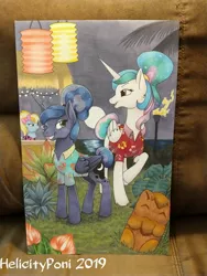 Size: 3024x4032 | Tagged: source needed, safe, artist:helicityponi, derpibooru import, princess celestia, princess luna, turf, alicorn, pony, between dark and dawn, alternate hairstyle, bow, clothes, female, hair bow, hawaiian shirt, lantern, mare, marker drawing, shirt, siblings, sisters, tiki, traditional art, tropical