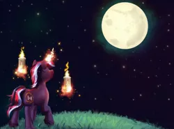 Size: 1040x768 | Tagged: safe, artist:thewickedvix, derpibooru import, oc, unofficial characters only, pony, unicorn, candle, grass, magic, moon, night, solo, stars, telekinesis