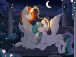 Size: 4800x3600 | Tagged: safe, artist:flightless-birdie, derpibooru import, princess celestia, oc, oc:king phoenix, alicorn, pony, alicorn oc, canon x oc, celenix, female, flower, flower in hair, horn, looking at each other, male, mare, stallion, wings