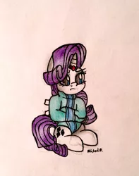 Size: 2007x2549 | Tagged: safe, artist:michaelmaddox222, deleted from derpibooru, derpibooru import, rarity, pony, unicorn, angry, bondage, colored, female, horn, horn ring, latex, looking at you, magic suppression, pencil drawing, ring, signature, sitting, solo, straitjacket, traditional art