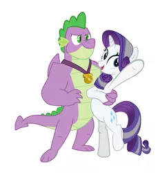 Size: 1139x1176 | Tagged: safe, alternate version, derpibooru import, edit, editor:proto29, rarity, spike, dragon, pony, unicorn, the last problem, female, gigachad spike, male, older, older rarity, older spike, shipping, simple background, skunk stripe, sparity, straight, white background, winged spike