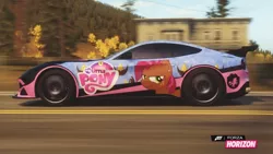 Size: 900x506 | Tagged: safe, derpibooru import, babs seed, pony, car, ferrari, ferrari f12 berlinetta, forza horizon, game screencap, my little pony logo, video game