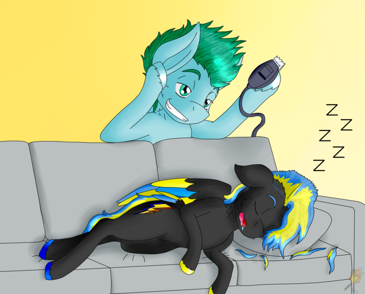 Size: 2607x2100 | Tagged: safe, artist:midnightfire1222, derpibooru import, oc, oc:arc flash, oc:sure shot, pegasus, pony, couch, cousins, shave, shaved head, shaved head prank, shaved mane, shaver, sleeping, smug smile