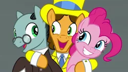 Size: 1920x1080 | Tagged: safe, derpibooru import, screencap, cheese sandwich, pinkie pie, sans smirk, pony, the last laugh, clothes, hard hat, hat, suit, top hat