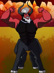 Size: 867x1174 | Tagged: armpits, artist:teanorthlight, beard, centaur, cloven hooves, colored hooves, commission, derpibooru import, evil grin, facial hair, flexing, grin, horns, looking at you, lord tirek, male, mohawk, mountain, muscles, nose piercing, nose ring, pecs, piercing, safe, smiling