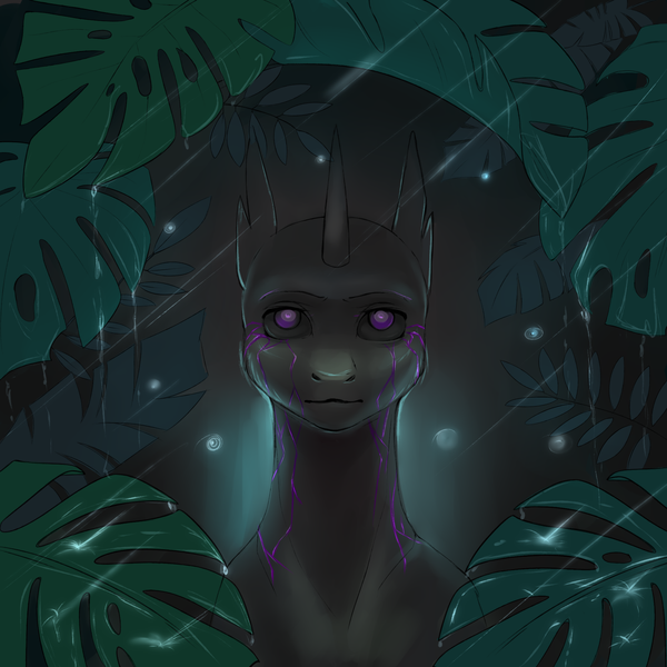 Size: 2000x2000 | Tagged: artist:kotosova, changeling, darkness, derpibooru import, head portrait, high res, leaves, night, oc, oc:fester, purple changeling, rain, safe, solo, source needed, unofficial characters only, useless source url