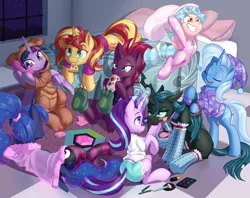 Size: 1600x1266 | Tagged: safe, artist:dstears, derpibooru import, cozy glow, princess luna, queen chrysalis, starlight glimmer, sunset shimmer, tempest shadow, trixie, twilight sparkle, twilight sparkle (alicorn), alicorn, changeling, changeling queen, pegasus, pony, unicorn, a better ending for chrysalis, a better ending for cozy, angry, broken horn, brushing, clothes, costume, cozybetes, cute, cutealis, diatrixes, digital art, drink, evil grin, eye scar, eyes closed, female, filly, foal, food, footed sleeper, glimmerbetes, go-karting with bowser, grin, horn, imminent pillow fight, kigurumi, levitation, lipstick, lunabetes, lying down, madorable, magic, makeover, makeup, mare, mouth hold, pajamas, pajamas party, party, paw socks, phone, pillow, pillow fight, pizza, queen chrysalis is not amused, scar, shimmerbetes, sitting, slumber party, smiling, socks, striped socks, telekinesis, tempestbetes, thigh highs, twiabetes, unamused