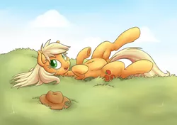 Size: 1920x1352 | Tagged: safe, artist:dfectivedvice, derpibooru import, edit, applejack, earth pony, pony, belly button, colored, cute, dock, ear fluff, female, grass, horses doing horse things, jackabetes, loose hair, mare, on back, open mouth, rolling, smiling, solo