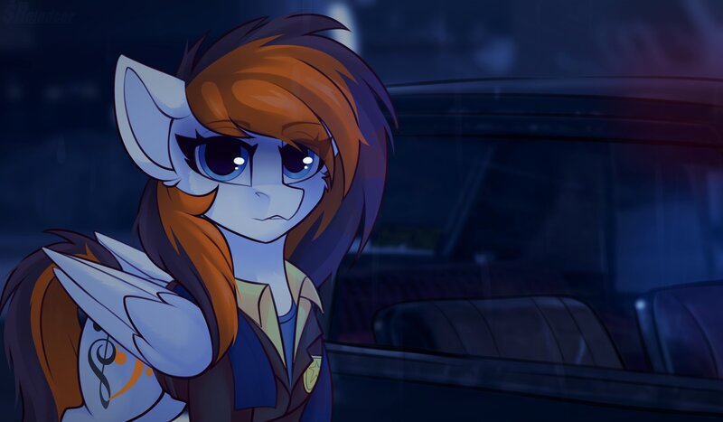 Size: 2400x1400 | Tagged: safe, artist:shadowreindeer, derpibooru import, oc, oc:rainy sky, unofficial characters only, pegasus, pony, badge, car, commission, detroit: become human, detroitpolice, eye clipping through hair, female, looking at you, mare, police, police badge, police uniform, your character here