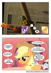 Size: 868x1239 | Tagged: applejack, artist:dziadek1990, comic, comic:sunny day, conversation, derpibooru import, dialogue, dungeons and dragons, edit, edited screencap, golden oaks library, library, look before you sleep, narration, paper, pen and paper rpg, photo, rarity, rpg, safe, screencap, screencap comic, slice of life, tabletop game, text, twilight sparkle