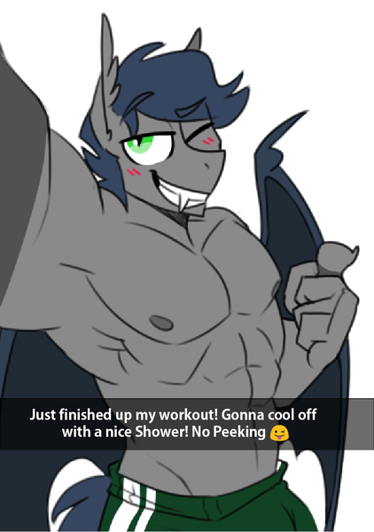 Size: 708x1006 | Tagged: safe, artist:redxbacon, derpibooru import, oc, oc:chase cartwheel, anthro, bat pony, armpits, blushing, clothes, dork, emoji, fangs, gym clothes, looking at you, male, muscles, one eye closed, partial nudity, selfie, smiling, solo, topless, wink