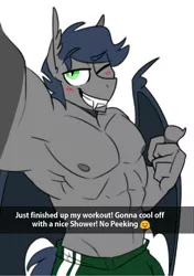 Size: 708x1006 | Tagged: safe, artist:redxbacon, derpibooru import, oc, oc:chase cartwheel, anthro, bat pony, armpits, blushing, clothes, dork, emoji, fangs, gym clothes, looking at you, male, muscles, one eye closed, partial nudity, selfie, smiling, solo, topless, wink