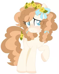 Size: 657x831 | Tagged: safe, derpibooru import, oc, oc:buttercup, earth pony, pony, blushing, buttercup, curly hair, female, flower, flower in hair, freckles, mare, shy, smiling, solo