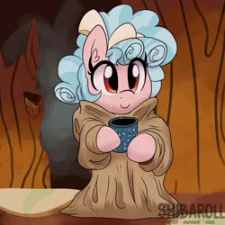 Size: 663x663 | Tagged: safe, artist:shibaroll, banned from derpibooru, deleted from derpibooru, derpibooru import, cozy glow, pegasus, pony, baby yoda, bow, clothes, cozybetes, cute, empathy cocoa, meme, mug, solo, star wars, the mandalorian