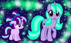 Size: 1300x800 | Tagged: safe, artist:katya, derpibooru import, starlight glimmer, pony, daughter, female, filly, lights, like mother like daughter, mother, mother and child, mother and daughter, night