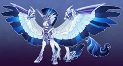 Size: 3066x1650 | Tagged: safe, artist:turnipberry, deleted from derpibooru, derpibooru import, shining armor, alicorn, pony, alicornified, armor, colored hooves, colored wings, colored wingtips, dewclaw, ethereal wings, male, prince shining armor, race swap, solo, spread wings, stallion, starry wings, wing armor, winged hooves, wings