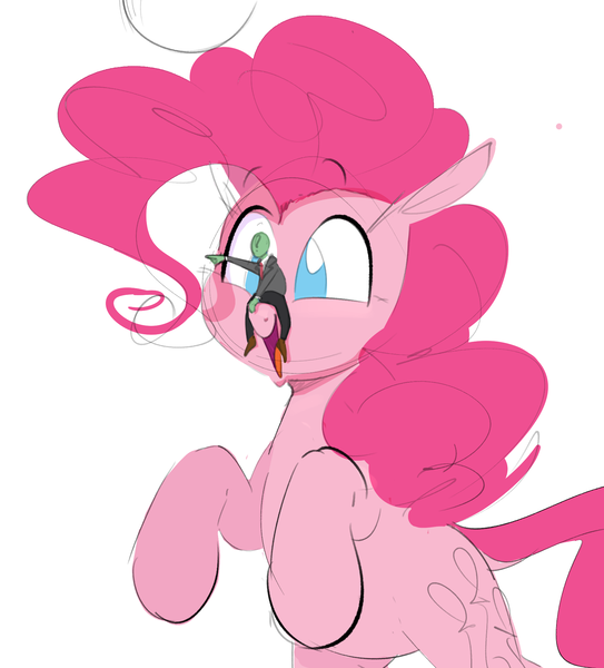 Size: 1733x1914 | Tagged: safe, artist:hattsy, derpibooru import, pinkie pie, oc, oc:anon, earth pony, pony, female, humans riding ponies, macro, mare, micro, no pupils, open mouth, pointing, riding, smiling