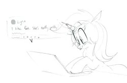 Size: 1911x1251 | Tagged: safe, artist:hattsy, derpibooru import, lyra heartstrings, pony, unicorn, computer, female, laptop computer, mare, monochrome, open mouth, solo, tongue out, typing