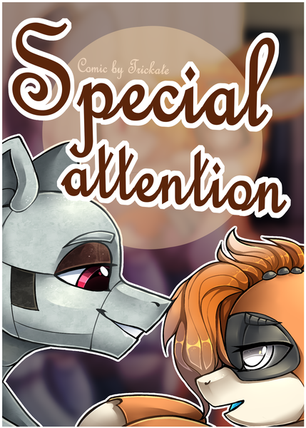 Size: 2500x3500 | Tagged: safe, artist:trickate, derpibooru import, oc, oc:dorn, oc:kiva, unofficial characters only, pony, robot, robot pony, comic:special attention, bedroom eyes, comic, cover, cover art, grin, kirn, lidded eyes, looking at each other, oc x oc, shipping, smiling, text