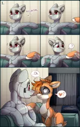 Size: 2520x3978 | Tagged: safe, artist:trickate, derpibooru import, oc, oc:dorn, oc:kiva, unofficial characters only, pony, robot, robot pony, comic:special attention, bed, comic, couch, hair over one eye, kirn, lidded eyes, looking at each other, oc x oc, pictogram, question mark, shipping, sitting