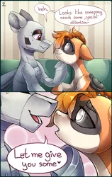Size: 2520x3978 | Tagged: safe, artist:trickate, derpibooru import, oc, oc:dorn, oc:kiva, unofficial characters only, pony, robot, robot pony, comic:special attention, bedroom eyes, comic, couch, dialogue, faceless male, imminent kissing, kirn, lidded eyes, male, oc x oc, offscreen character, shipping, sitting, smiling