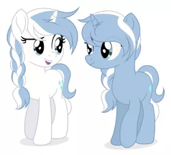 Size: 2527x2286 | Tagged: safe, artist:rioshi, artist:starshade, derpibooru import, oc, oc:coldsnap, oc:frostbite, unofficial characters only, pony, unicorn, braid, duo, eye contact, female, looking at each other, mare, siblings, simple background, sisters, twin sisters, twins, white background