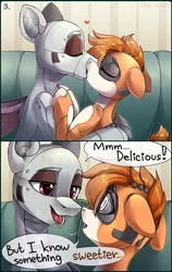 Size: 2520x3978 | Tagged: suggestive, artist:trickate, derpibooru import, oc, oc:dorn, oc:kiva, unofficial characters only, pony, robot, robot pony, comic:special attention, bedroom eyes, comic, couch, dialogue, drool, drool string, eyes closed, heart, kirn, kissing, lidded eyes, looking at each other, oc x oc, open mouth, shipping, sitting, smiling